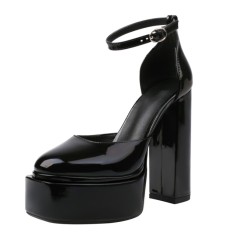 Round Toe Chunky Heels Platforms Ankle Straps Dorsay Pumps - Black