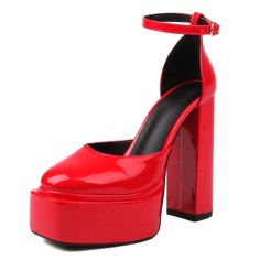 Round Toe Chunky Heels Platforms Ankle Straps Dorsay Pumps - Red