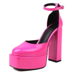 Round Toe Chunky Heels Platforms Ankle Straps Dorsay Pumps - Rose Red
