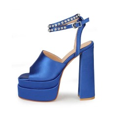 Peep Toe Chunky Heels Ankle Buckle Rhinestones Straps Platforms Sandals - Blue Satin