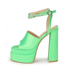 Peep Toe Chunky Heels Ankle Buckle Rhinestones Straps Platforms Sandals - Green Satin