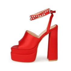Peep Toe Chunky Heels Ankle Buckle Rhinestones Straps Platforms Sandals - Red Satin