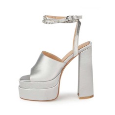Peep Toe Chunky Heels Ankle Buckle Rhinestones Straps Platforms Sandals - Silver Gray Satin