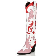 Pointed Toe Chunky Heels Knee Highs Western Cowgirl Boots - Red Faux Leather