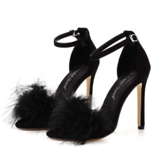 Peep Toe Stiletto Heels Ankle Buckle Straps Sexy Feather Sandals - Black Flock