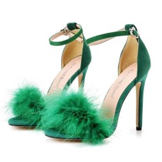 Peep Toe Stiletto Heels Ankle Buckle Straps Sexy Feather Sandals - Green Flock