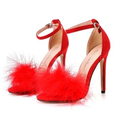 Peep Toe Stiletto Heels Ankle Buckle Straps Sexy Feather Sandals - Red Flock