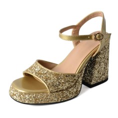Peep Toe Platforms Chunky Heels Ankle Buckle Straps Sequins Sandals - Gold
