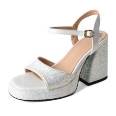 Peep Toe Platforms Chunky Heels Ankle Buckle Straps Sequins Sandals - White