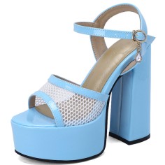 Chunky Heels Peep Toe Ankle Buckle Straps Fishnet Platforms Pumps  - Blue