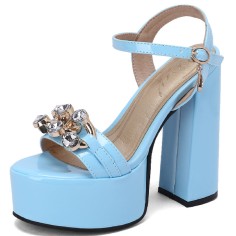 Chunky Heels Peep Toe Ankle Buckle Straps Crystal Decorated Platforms Pumps  - Blue