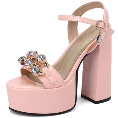 Chunky Heels Peep Toe Ankle Buckle Straps Crystal Decorated Platforms Pumps  - Pink