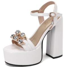 Chunky Heels Peep Toe Ankle Buckle Straps Crystal Decorated Platforms Pumps  - White