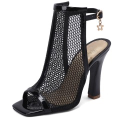 Peep Toe Block Heels Fishnet Transparent Ankle Back Straps Summer Boots - Black