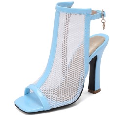 Peep Toe Block Heels Fishnet Transparent Ankle Back Straps Summer Boots - Blue