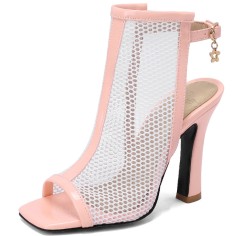 Peep Toe Block Heels Fishnet Transparent Ankle Back Straps Summer Boots - Pink