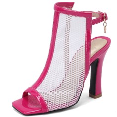 Peep Toe Block Heels Fishnet Transparent Ankle Back Straps Summer Boots - Rose Red