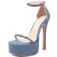 Stiletto Heels Peep Toe Ankle Buckle Rhinestones Straps Platforms Pumps  - Blue