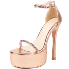Stiletto Heels Peep Toe Ankle Buckle Rhinestones Straps Platforms Pumps  - Gold