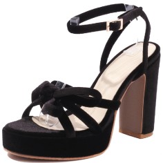 Peep Toe Ankle Buckle Straps Chunky Heels Platforms Velvet Sandals - Black