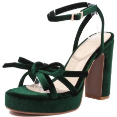 Peep Toe Ankle Buckle Straps Chunky Heels Platforms Velvet Sandals - Green
