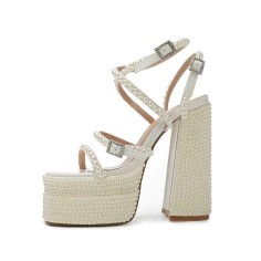 Square Open Toe Chunky Heels Ankle Buckle Cross Pearl Straps Platforms Sandals - Cream White Microfiber