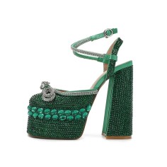 RoundToe Chunky Heels Ankle Buckle Trible Straps Pearl Ribbon Platforms Sandals - Green Microfiber