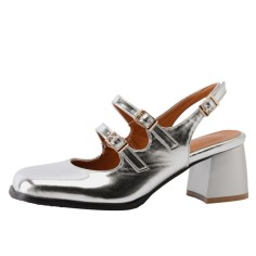 Round Toe Medium Chunky Heels Slingback Mary Janes Sandals Pumps - Silver