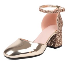 Round Toe Sequid Glitters Dorsay Ankle Buckle Rhinestones Straps Pumps - Gold
