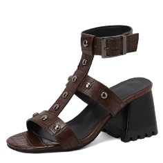 Peep Toe Ankle Straps Snake Print Chunky Heels Greek Roman Summer Sandals - Auburn