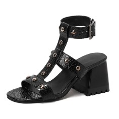 Peep Toe Ankle Straps Snake Print Chunky Heels Greek Roman Summer Sandals - Black