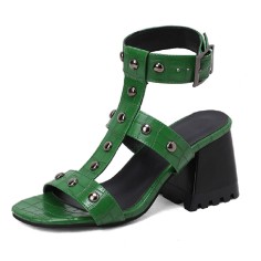 Peep Toe Ankle Straps Snake Print Chunky Heels Greek Roman Summer Sandals - Green