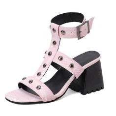 Peep Toe Ankle Straps Snake Print Chunky Heels Greek Roman Summer Sandals - Pink