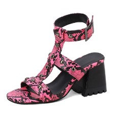 Peep Toe Ankle Straps Snake Print Chunky Heels Greek Roman Summer Sandals - Rose Red