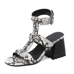 Peep Toe Ankle Straps Snake Print Chunky Heels Greek Roman Summer Sandals - White