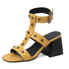 Peep Toe Ankle Straps Snake Print Chunky Heels Greek Roman Summer Sandals - Yellow
