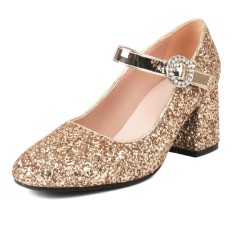 Round Toe Sequid Glitters Decorated Mary Janes Rhinestones Buckles Pumps - Gold