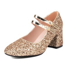 Round Toe Sequid Glitters Decorated Mary Janes Rhinestones Double Buckles Pumps - Gold