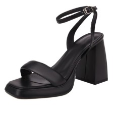 Peep Toe Block Chunky Heels Ankle Buckle Gladiator Straps Slippers Sandals - Black