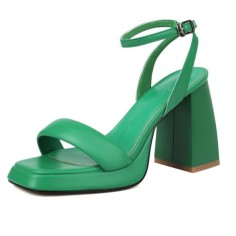 Peep Toe Block Chunky Heels Ankle Buckle Gladiator Straps Slippers Sandals - Green
