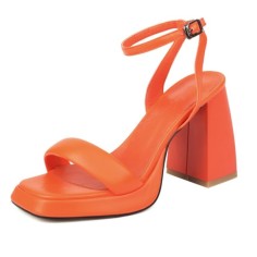 Peep Toe Block Chunky Heels Ankle Buckle Gladiator Straps Slippers Sandals - Orange