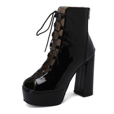 Peep Toe Knee High Lace Up Platforms Patent Chunky Heels Pumps Boots - Black