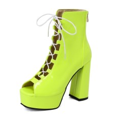 Peep Toe Knee High Lace Up Platforms Patent Chunky Heels Pumps Boots - Green