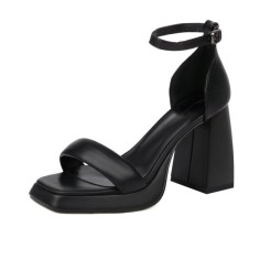 Peep Toe Block Chunky Heels Ankle Buckle Straps Slippers Sandals - Black