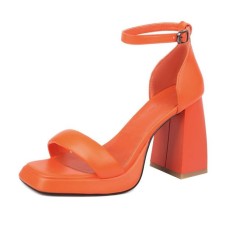 Peep Toe Block Chunky Heels Ankle Buckle Straps Slippers Sandals - Orange