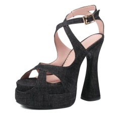 Peep Toe Denim Fabric Chunky Heels Ankle Buckle Crystal Straps Platforms Sandals Pumps - Black