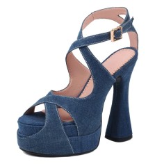 Peep Toe Denim Fabric Chunky Heels Ankle Buckle Crystal Straps Platforms Sandals Pumps - Blue