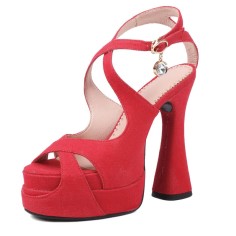 Peep Toe Denim Fabric Chunky Heels Ankle Buckle Crystal Straps Platforms Sandals Pumps - Red