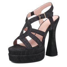 Peep Toe Denim Fabric Chunky Heels Ankle Buckle Straps Platforms Sandals Pumps - Black