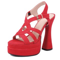 Peep Toe Denim Fabric Chunky Heels Ankle Buckle Straps Platforms Sandals Pumps - Red